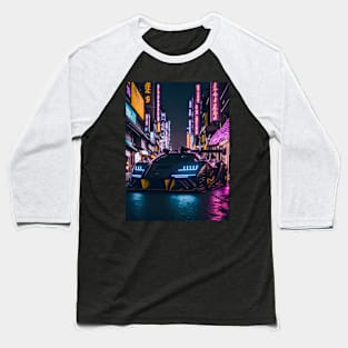 Dark Neon Sports Car in Japanese Neon City Baseball T-Shirt